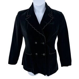 VINTAGE BLACK VELVET DOUBLE BREASTED SCALLOPED BLAZER JACKET W/ POCKETS - S